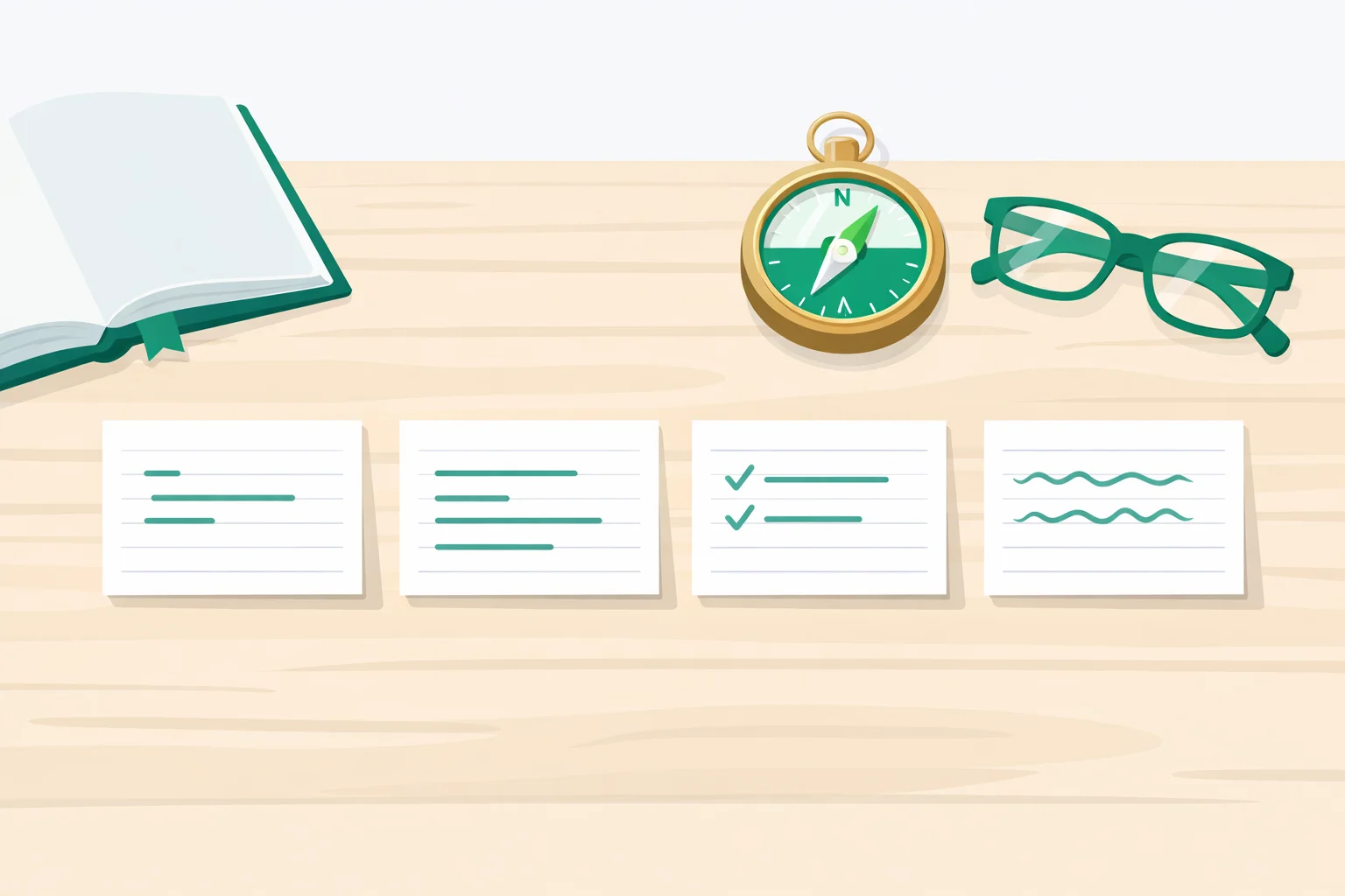 Four index cards laid out on a desk beside an open notebook, a brass compass and reading glasses