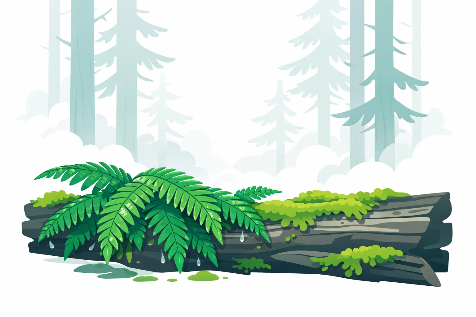 Wet ferns and moss on a fallen log in a misty temperate rainforest
