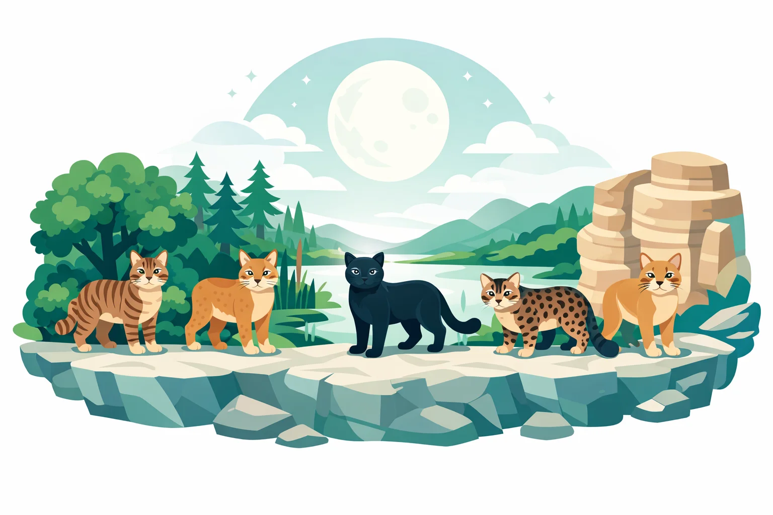 Five warrior cats in their own territories — oak forest, pine marsh, moor, riverbank and gorge — under a full moon