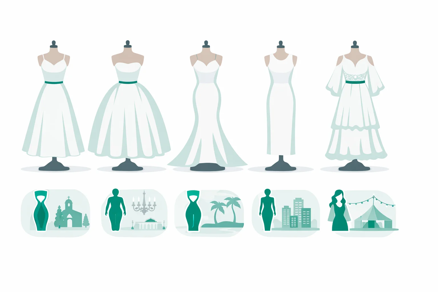 Five wedding dress silhouettes compared: A-line, ball gown, mermaid, sheath, and bohemian