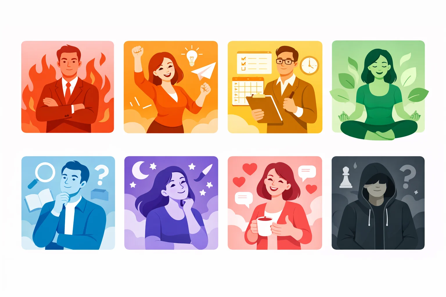 Eight color personality types from red to black, each with its core temperament traits