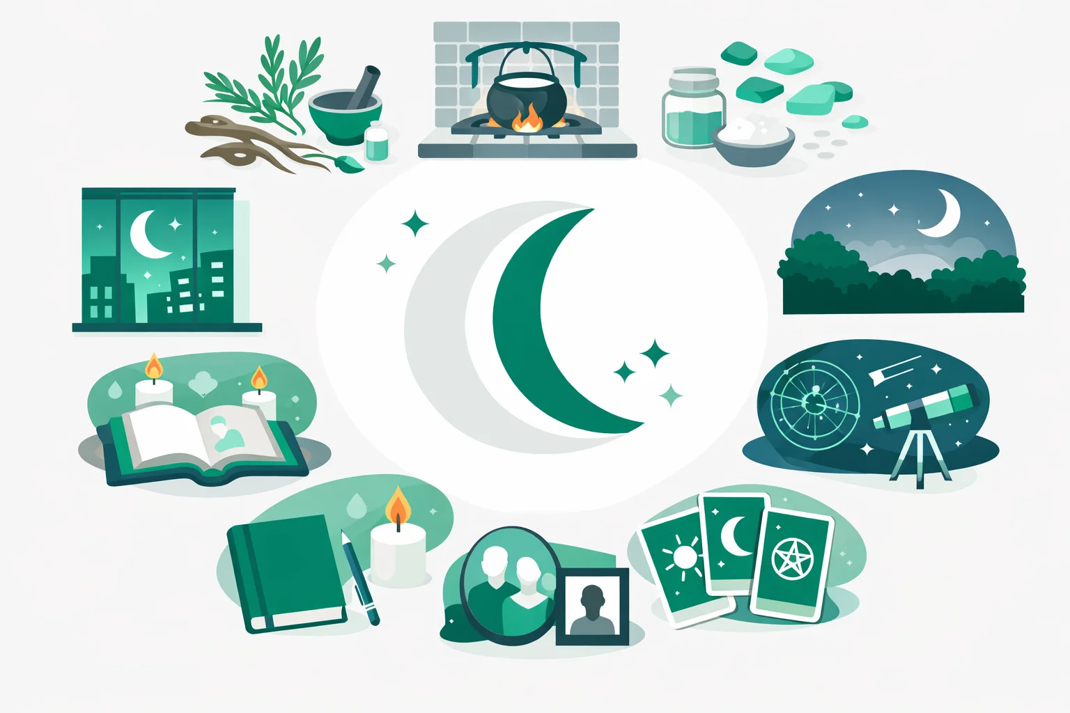 Ten witch practice types arranged around a waxing moon, from herbs and hearth to star charts and tarot