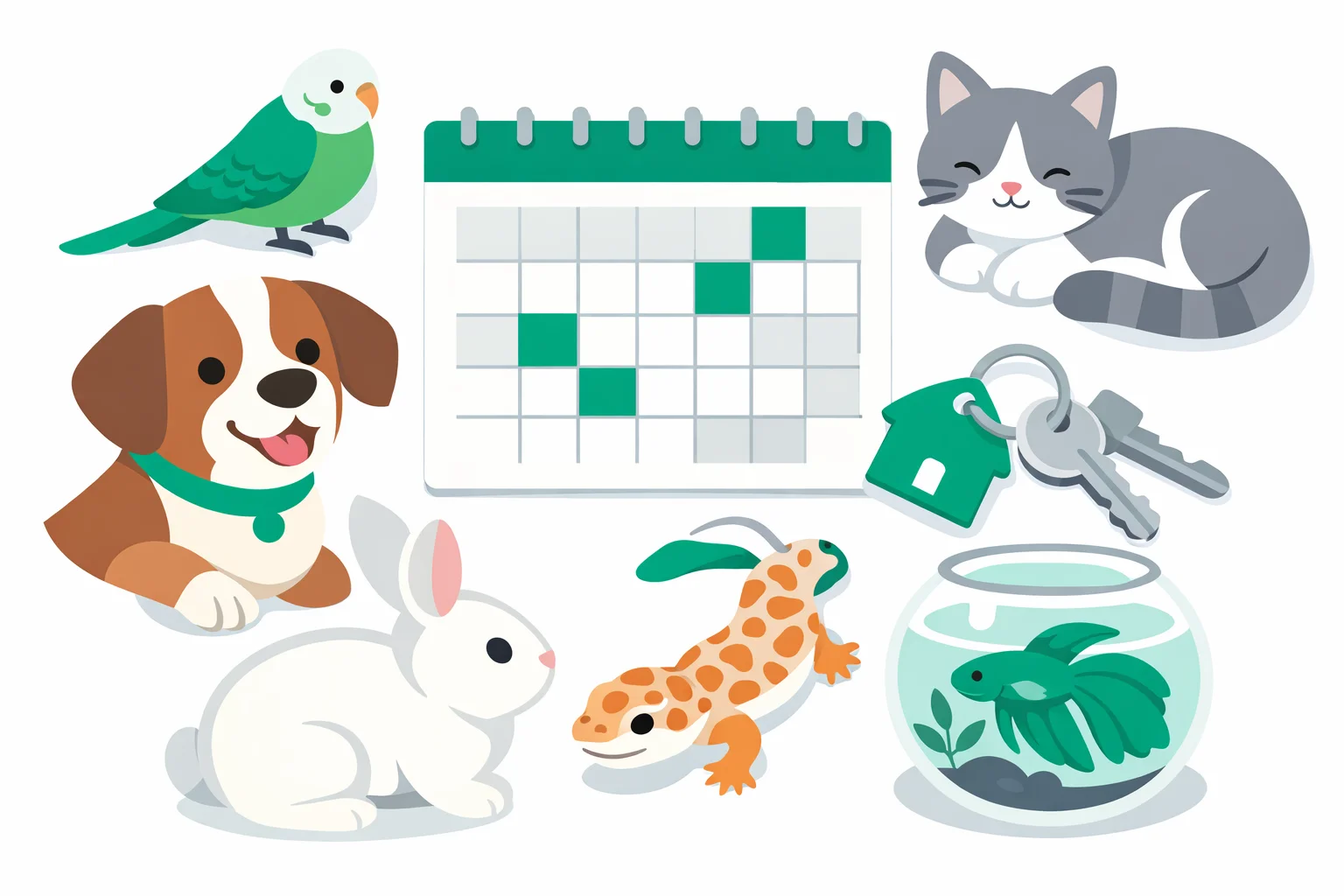 Dog, cat, rabbit, budgie, leopard gecko and betta fish arranged around a household calendar and house keys