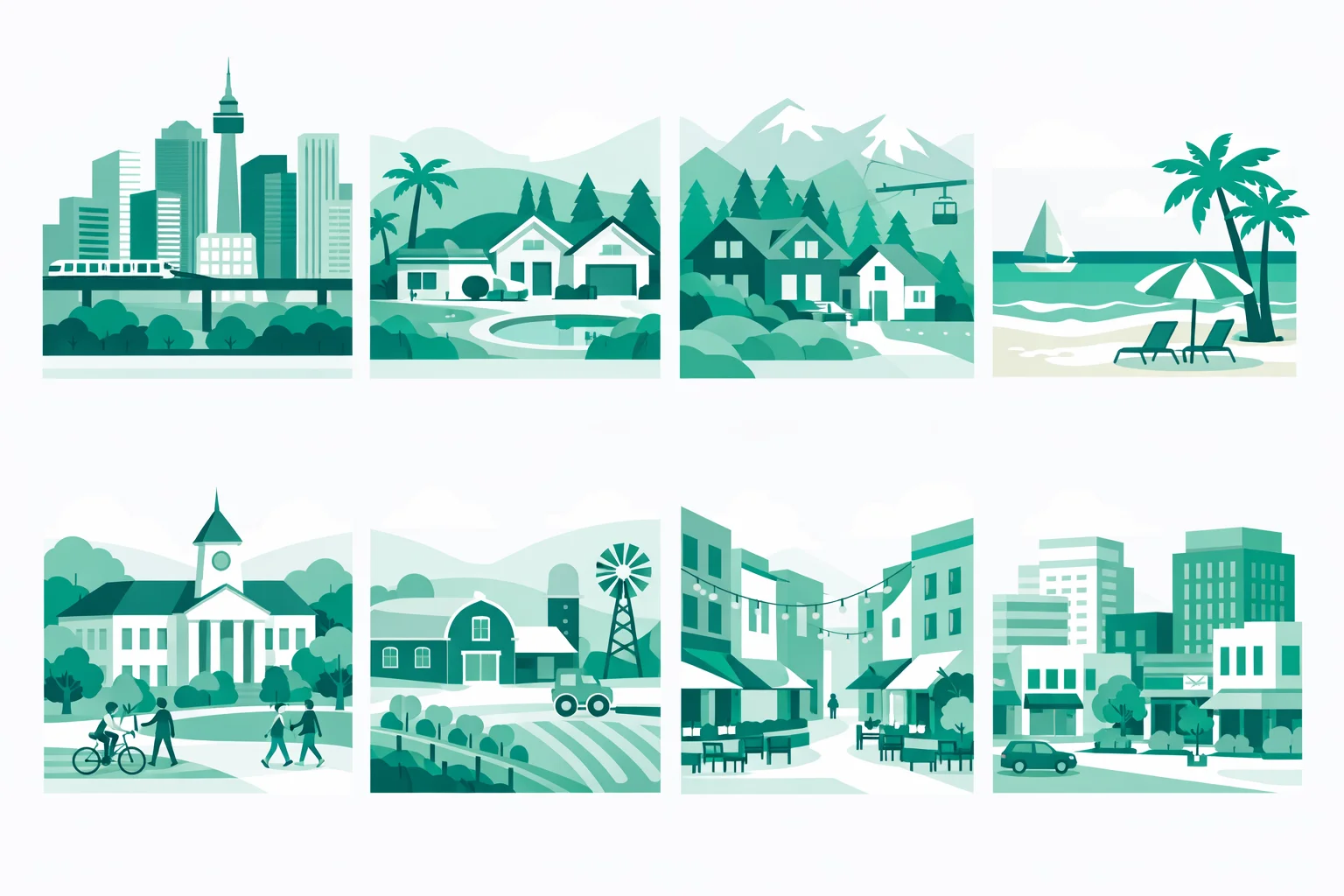 Illustrated split of eight places to live: big city, warm suburb, mountain town, beach, college town, and small town
