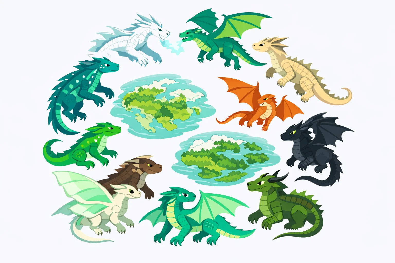All ten Wings of Fire dragon tribes from Pyrrhia and Pantala shown together