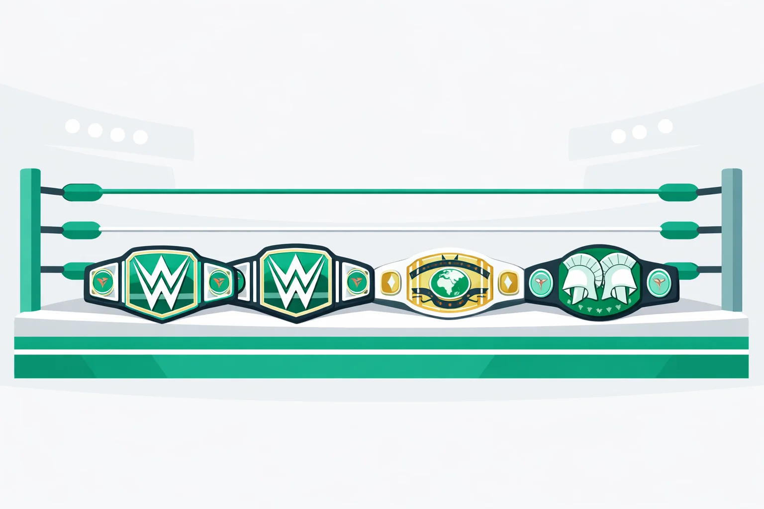 WWE championship belts on a ring apron with era labels from the territory days to now