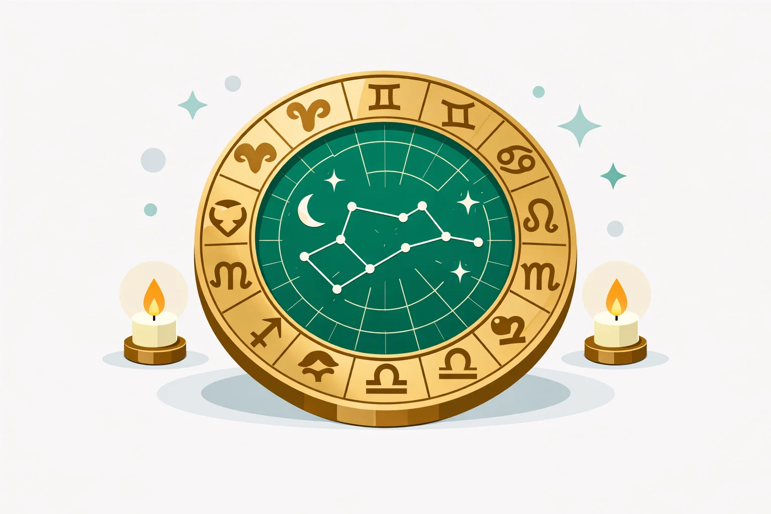 Brass celestial chart engraved with the twelve zodiac symbols, lit by candlelight