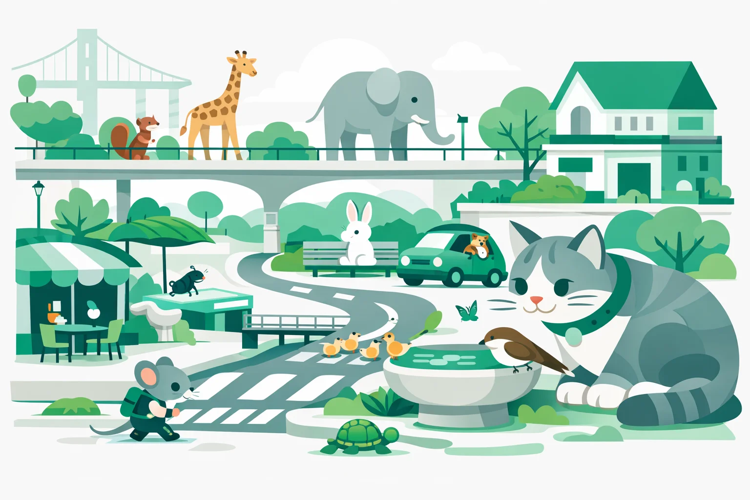 Bright multi-level city street built at several different animal scales at once